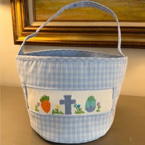 Babeeni Smocked Cloth Easter Basket Blue Gingham Boys Cross Egg Flowers Holiday